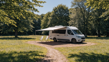 Witte camper met luifel op een groene kampeerplaats tussen de bomen